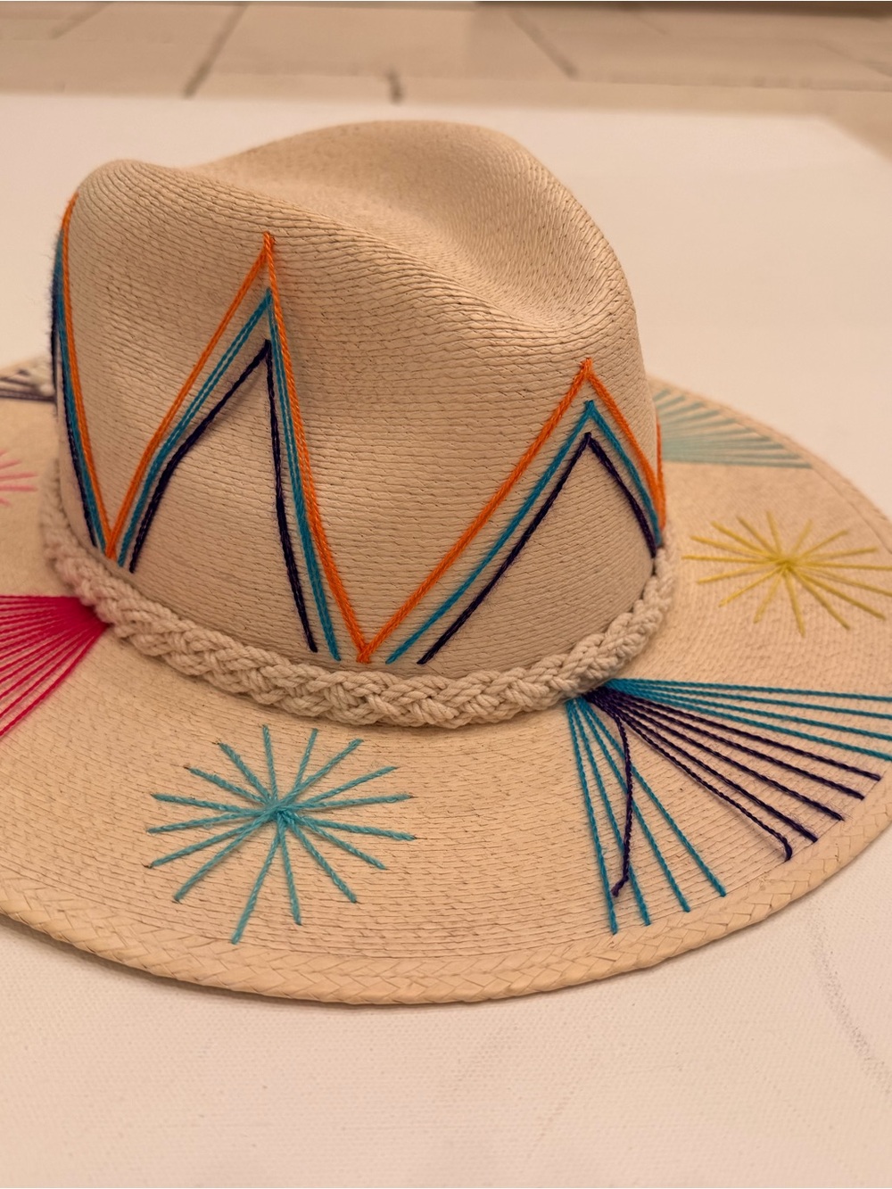 Embroidered Cream Straw Sun Hat with Multicolor Accents